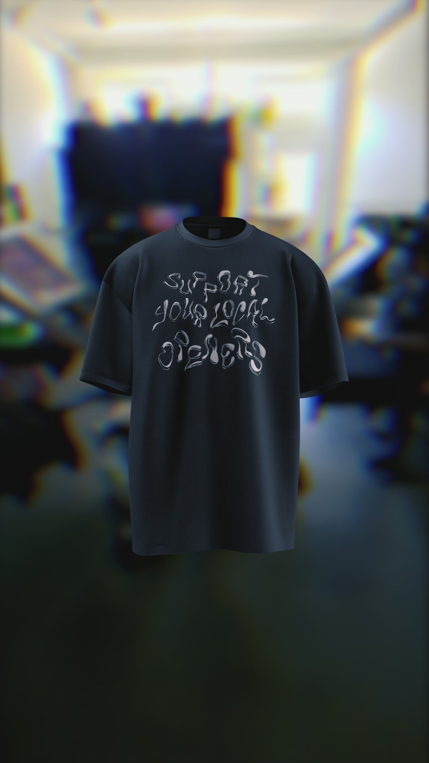 Load video: Rotating 3D mockup of the &quot;Support Your Local Openers&quot; T-shirt with a background video showing the shirts being printed in the MOTF studio.
